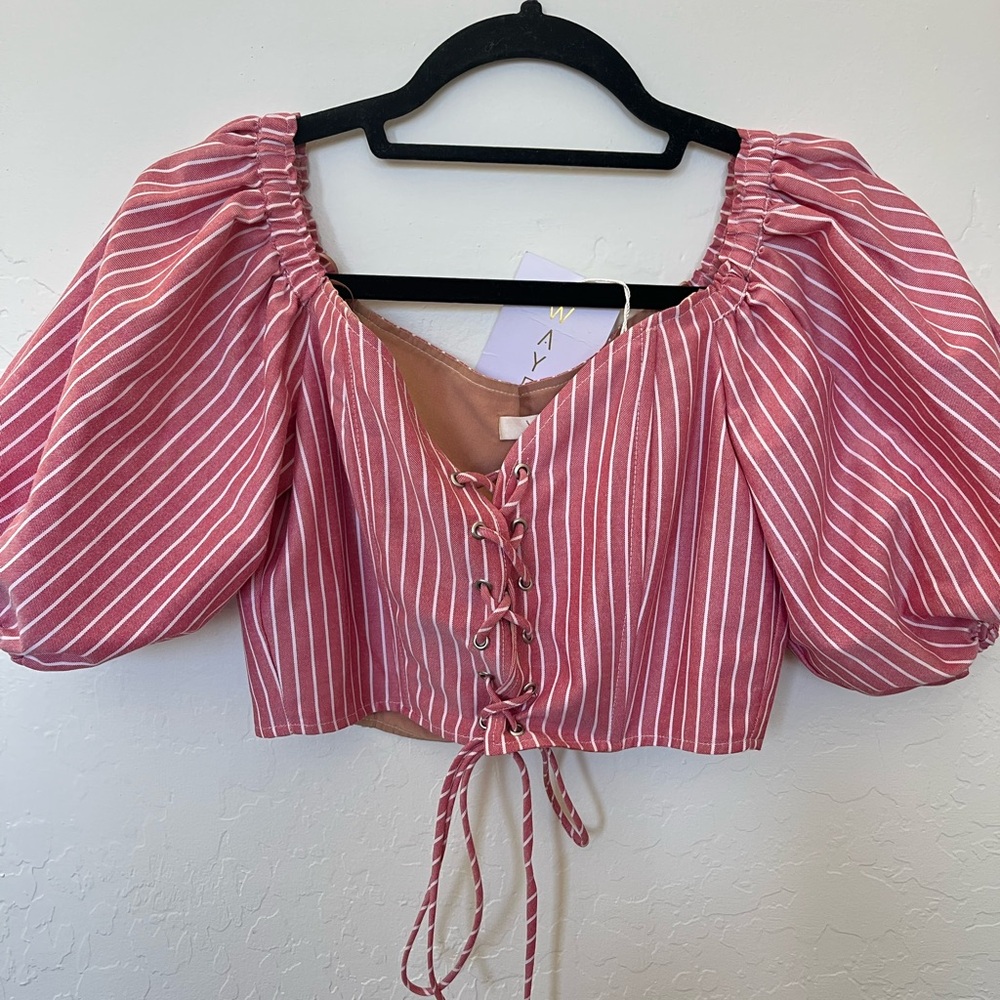 Wayf Pink Striped Lace-Up Blouse